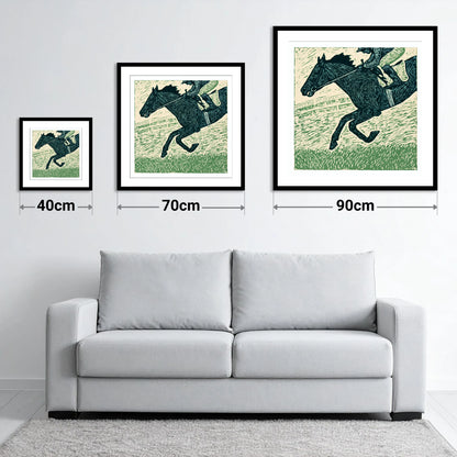 Thunder on the Turf - size guide showing 40cm, 70cm and 90cm art prints
