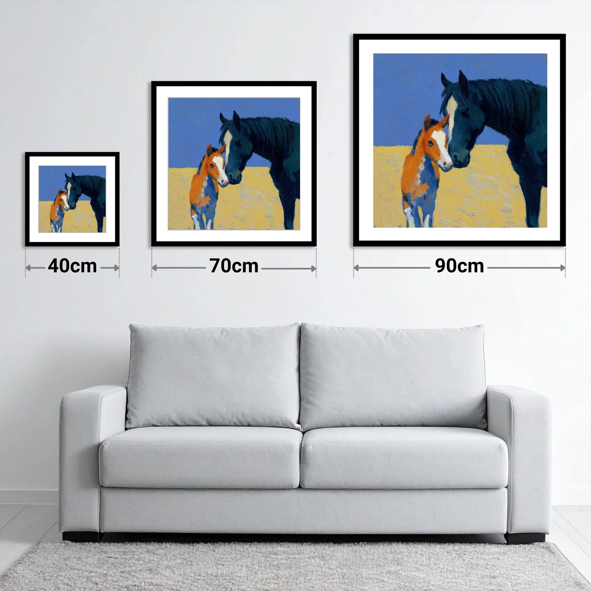 Sun-Drenched Bond - size guide showing 40cm, 70cm and 90cm art prints
