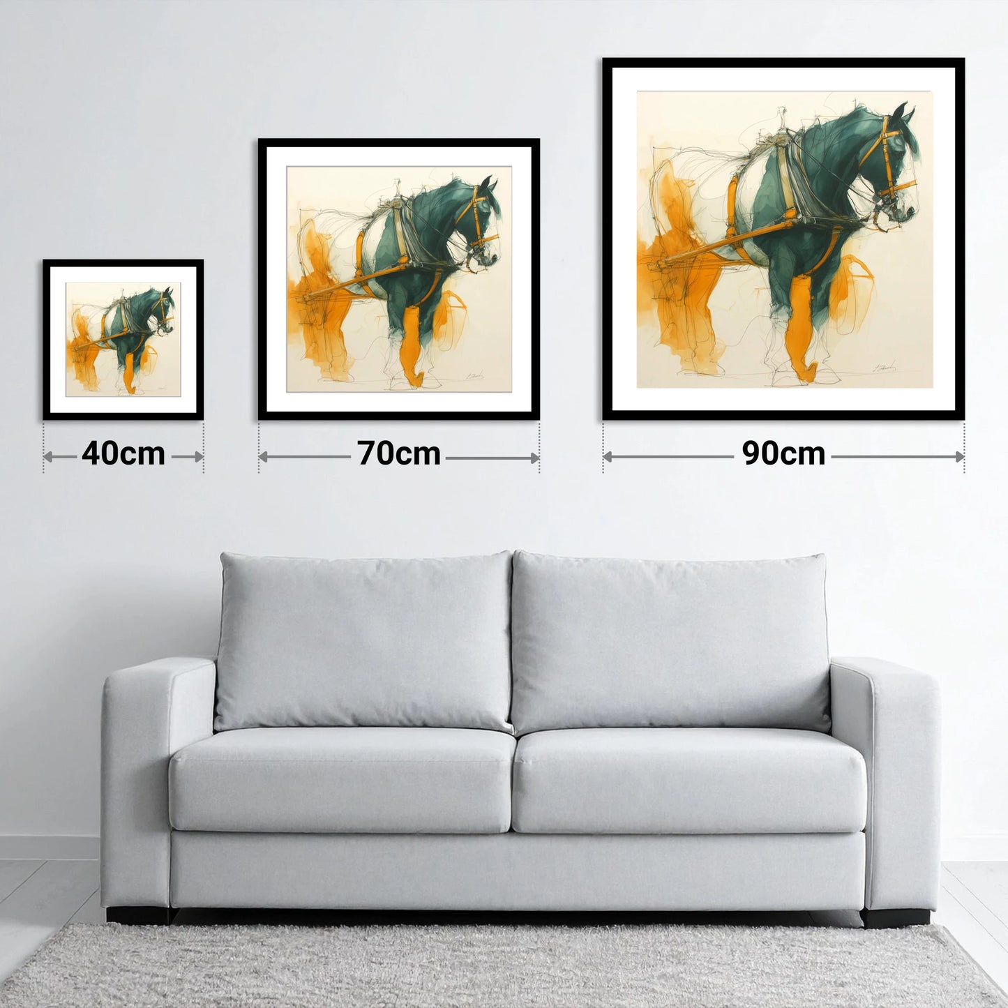 Teal and Amber Draft - size guide showing 40cm, 70cm and 90cm art prints