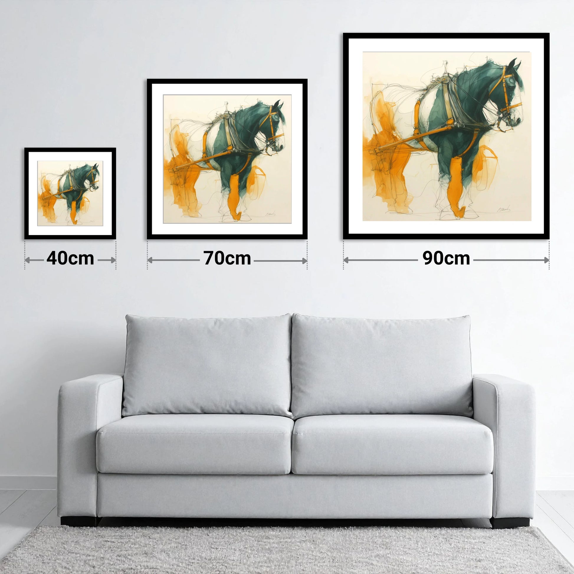 Teal and Amber Draft - size guide showing 40cm, 70cm and 90cm art prints