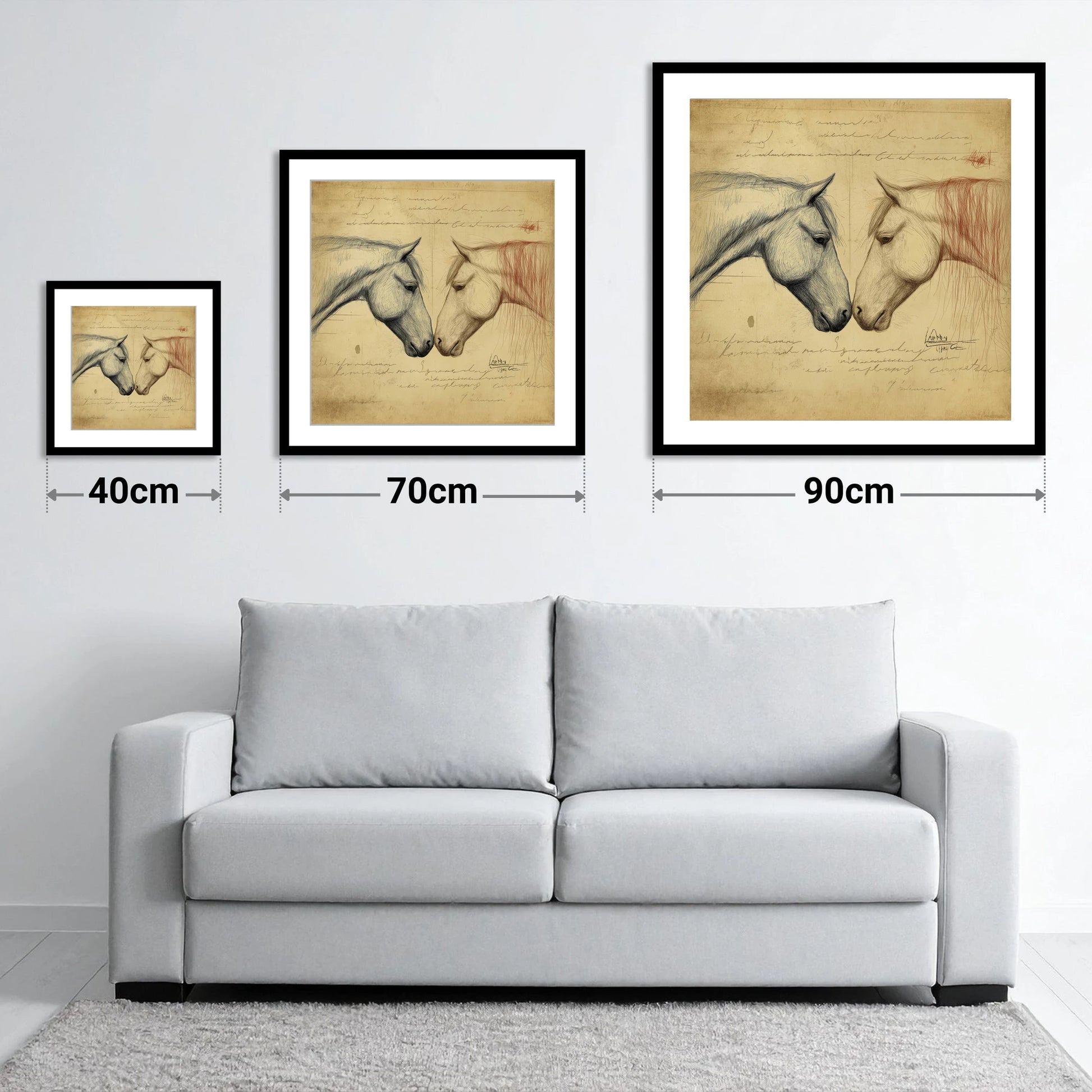 Vintage Equine Encounter - size guide showing 40cm, 70cm and 90cm art prints