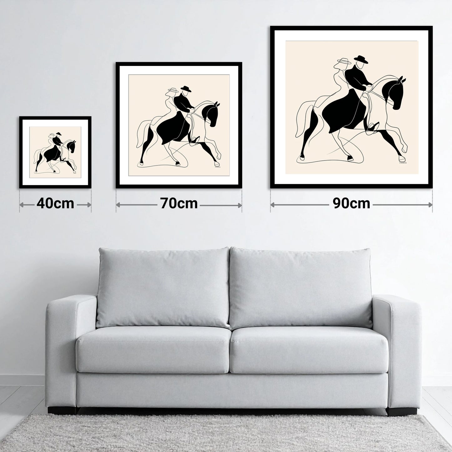 Abstract Dressage Harmony - size guide showing 40cm, 70cm and 90cm art prints