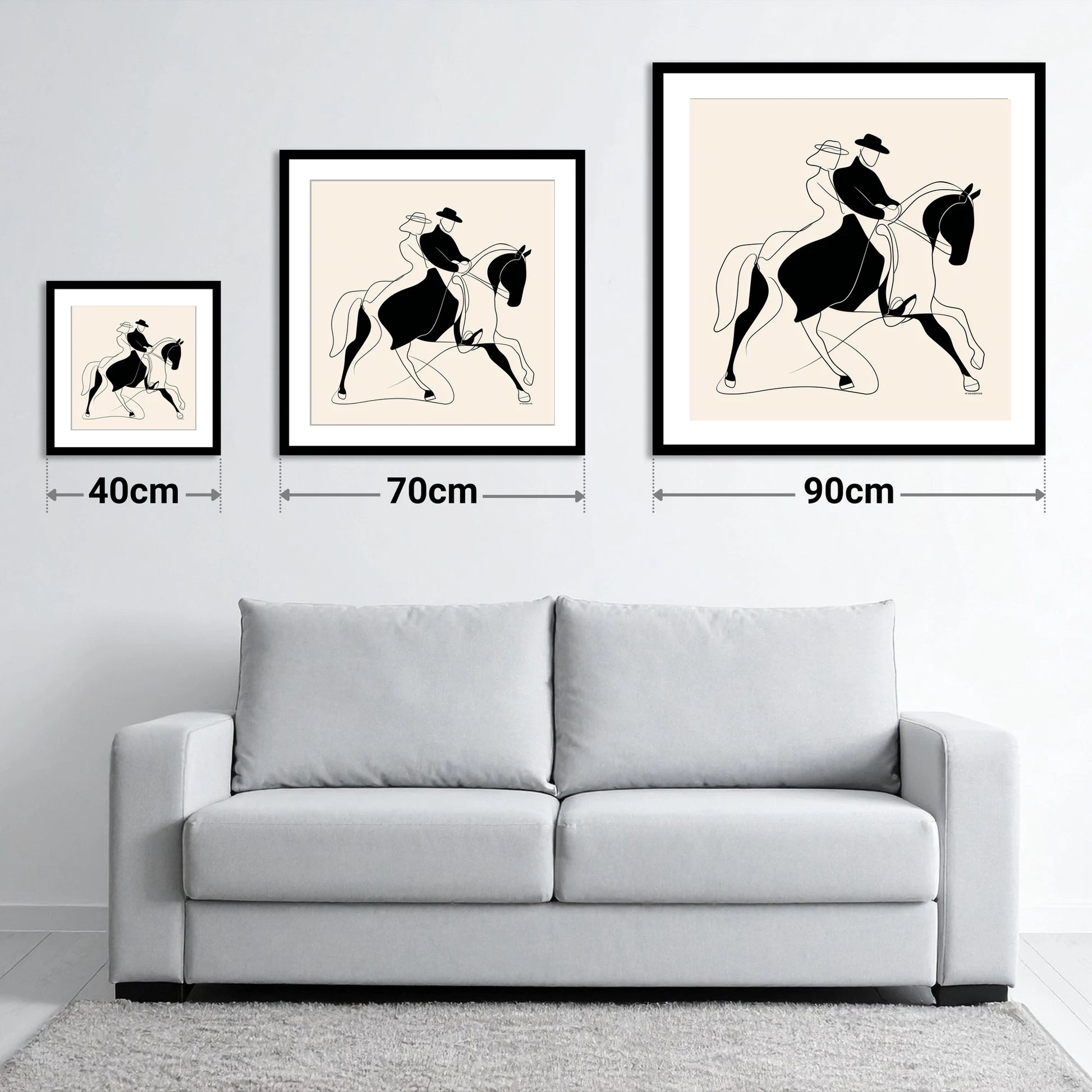 Abstract Dressage Harmony - size guide showing 40cm, 70cm and 90cm art prints