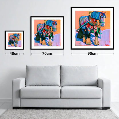 Vibrant Blue Heavy Horse - size guide showing 40cm, 70cm and 90cm art prints