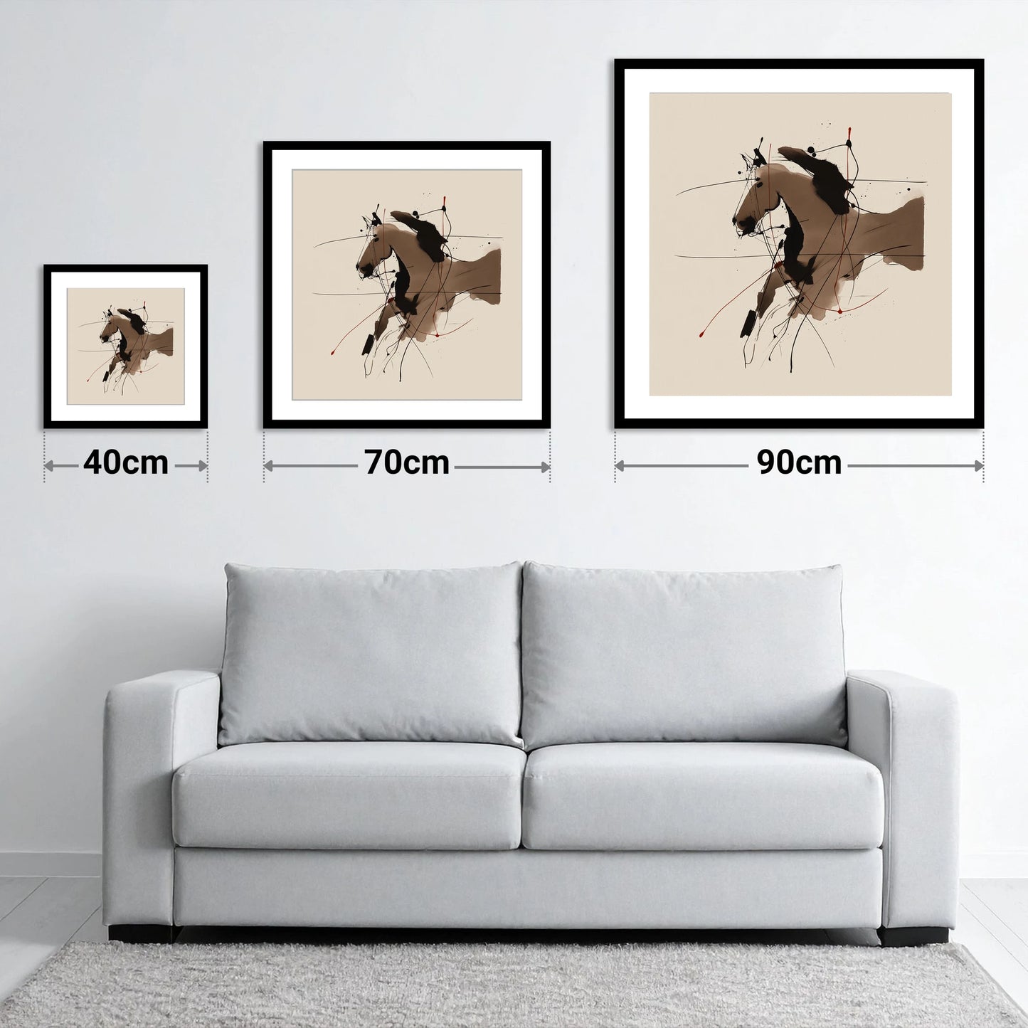 Dynamic Sepia Portrait - size guide showing 40cm, 70cm and 90cm art prints