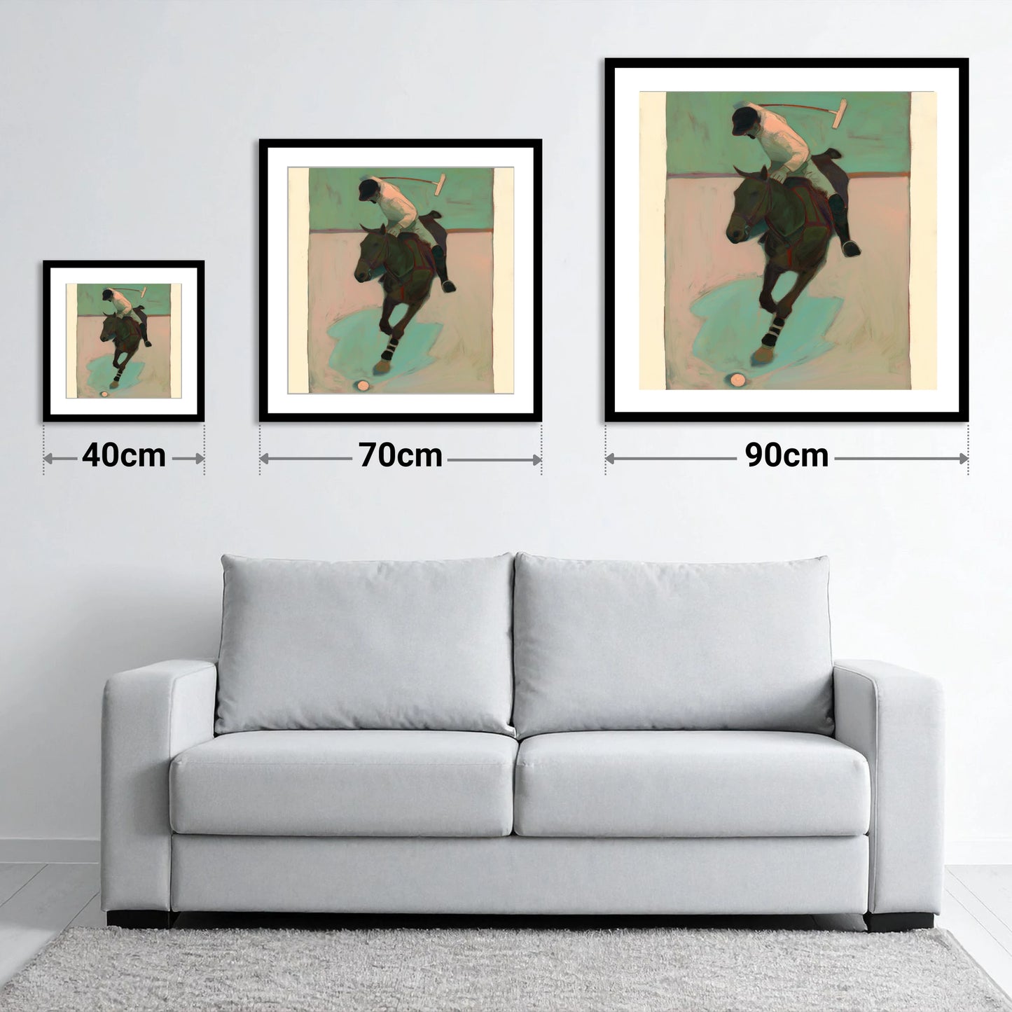 Turning on the Ball - size guide showing 40cm, 70cm and 90cm art prints