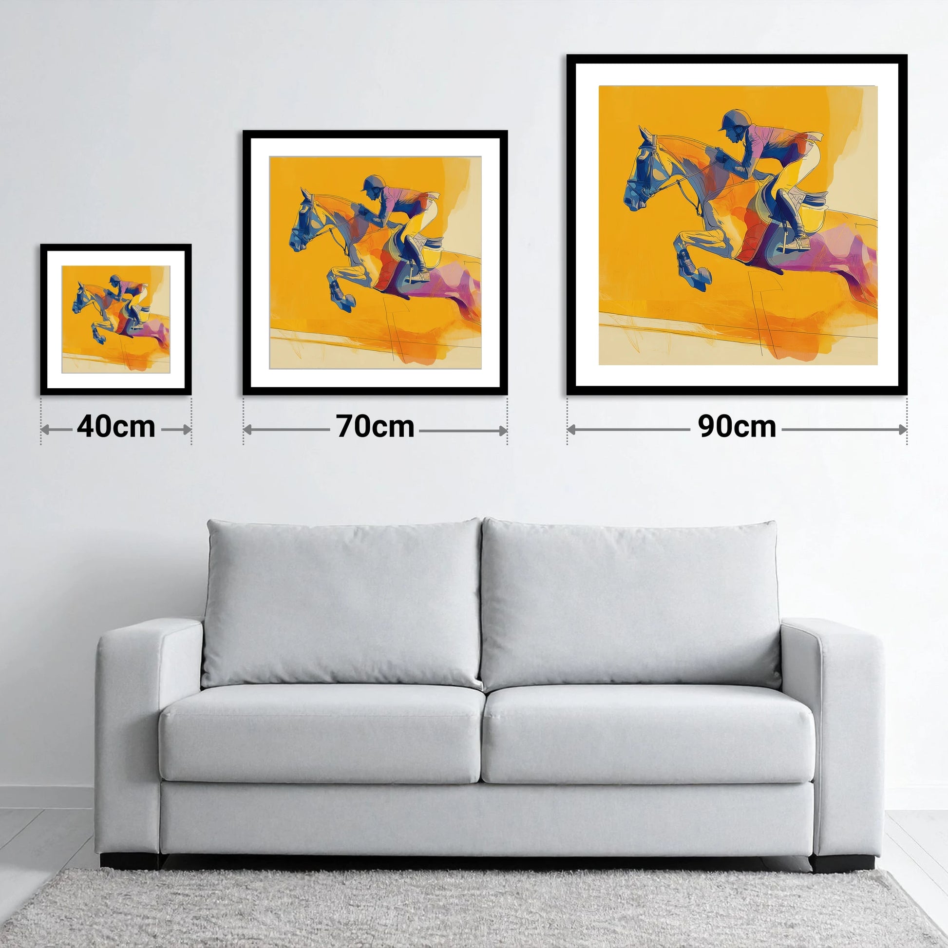 Vivid Golden Flight - size guide showing 40cm, 70cm and 90cm art prints