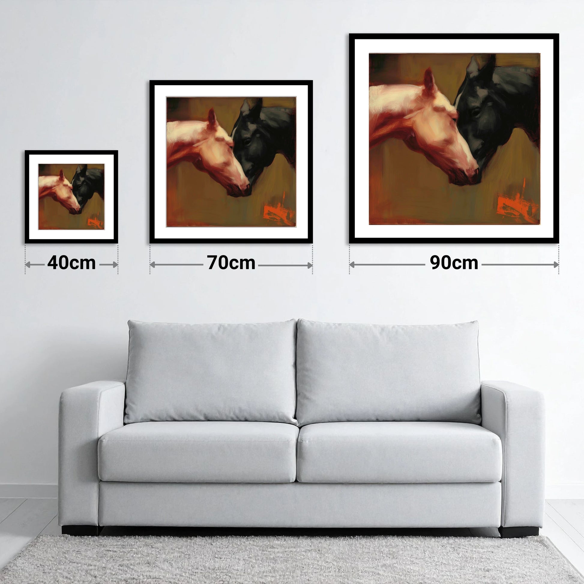 Silent Communion - size guide showing 40cm, 70cm and 90cm art prints