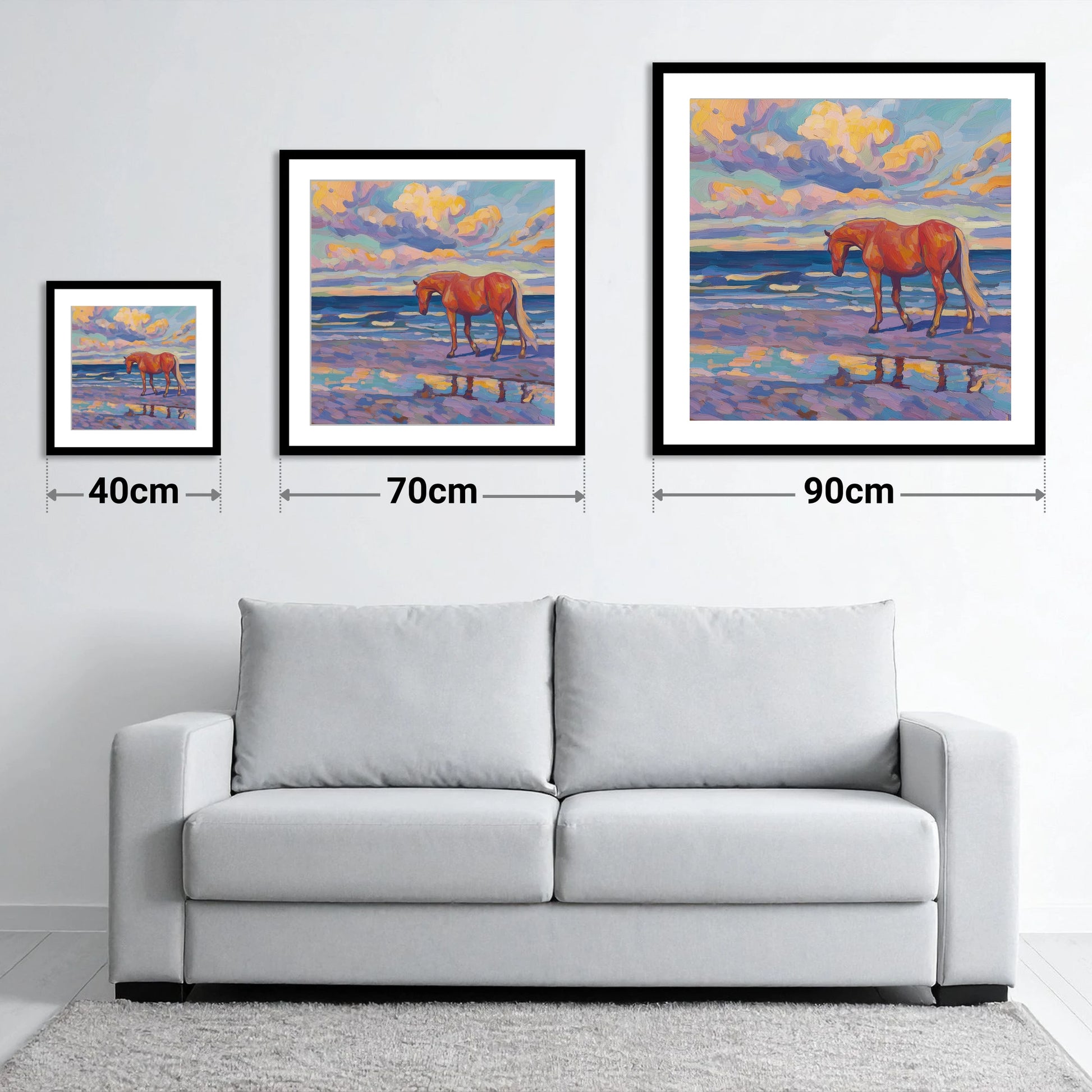 Vivid Coastal Solitude - size guide showing 40cm, 70cm and 90cm art prints