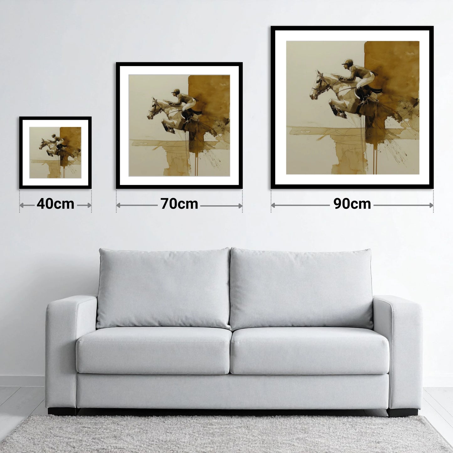 Airborne in Sepia - size guide showing 40cm, 70cm and 90cm art prints