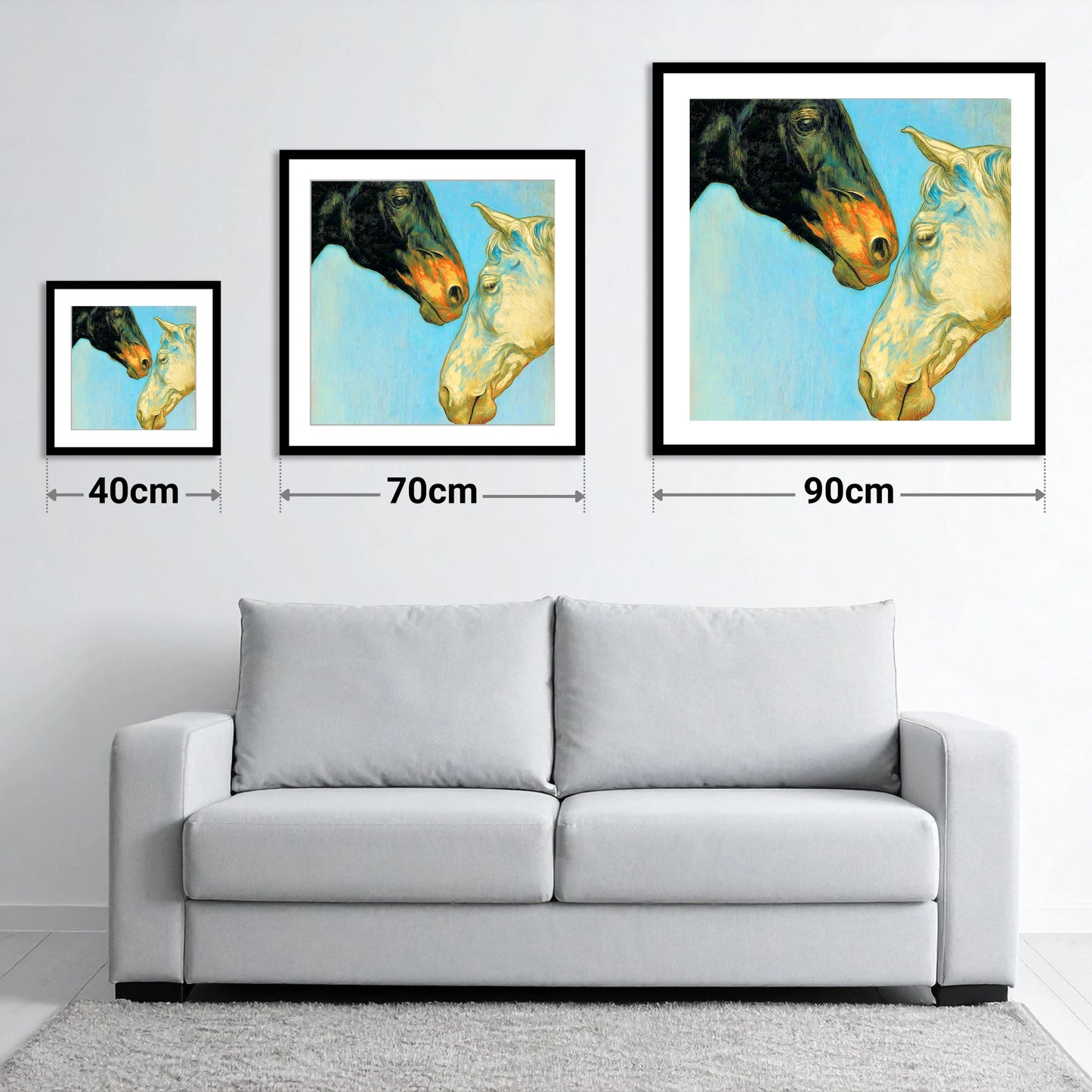 Sun and Shadow - size guide showing 40cm, 70cm and 90cm art prints