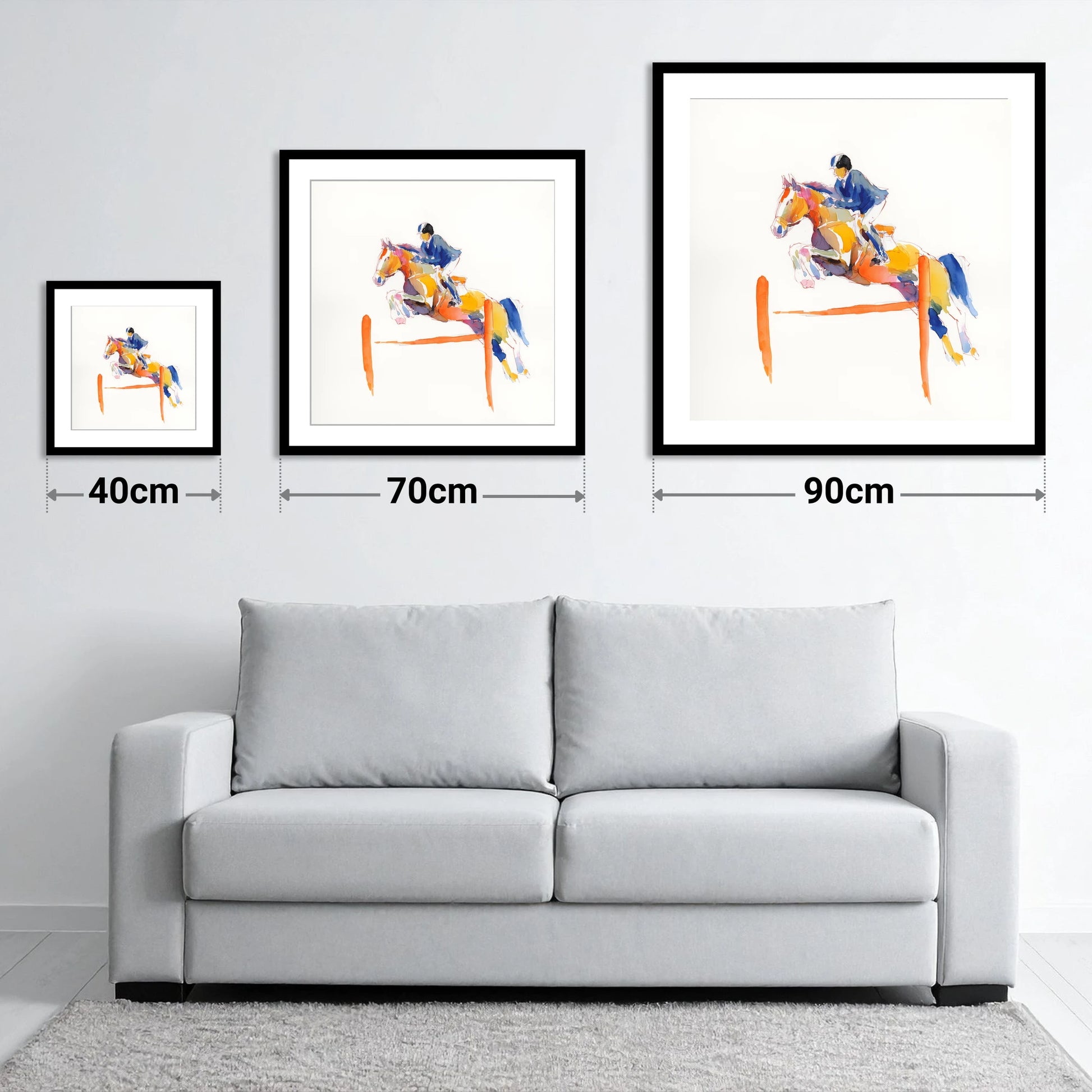 Vibrant Clear Round - size guide showing 40cm, 70cm and 90cm art prints