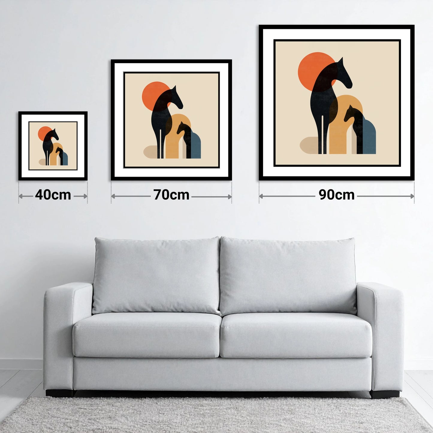 Geometric Equine Harmony - size guide showing 40cm, 70cm and 90cm art prints