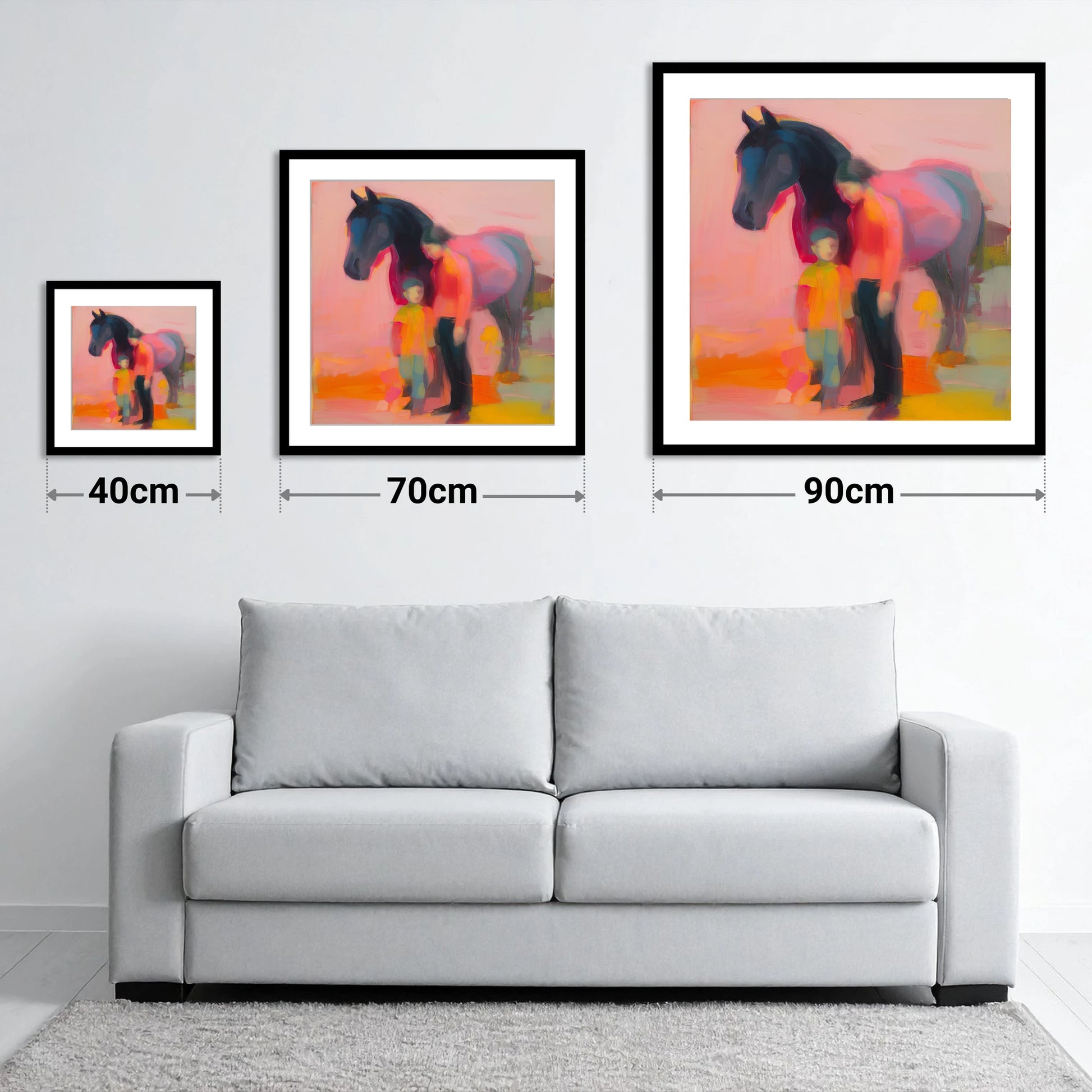 A Vibrant Bond - size guide showing 40cm, 70cm and 90cm art prints