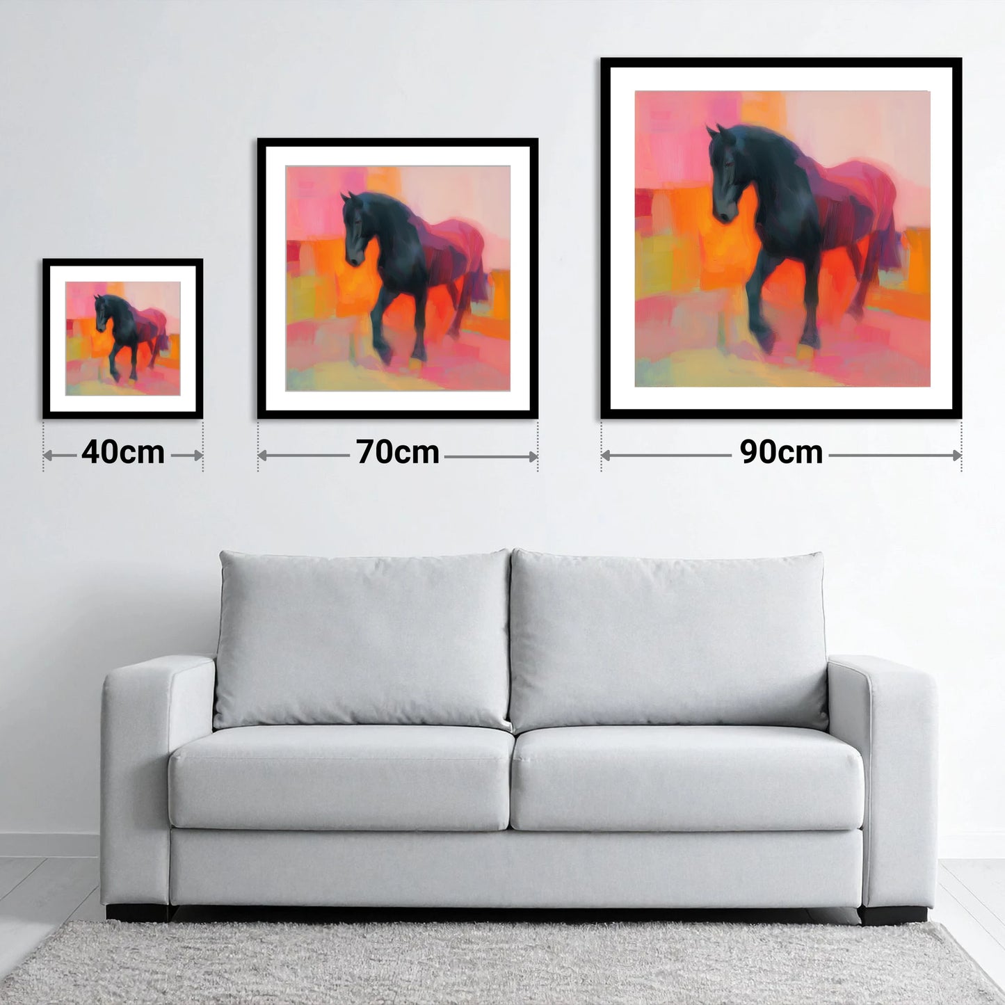 Charcoal and Coral Stride - size guide showing 40cm, 70cm and 90cm art prints