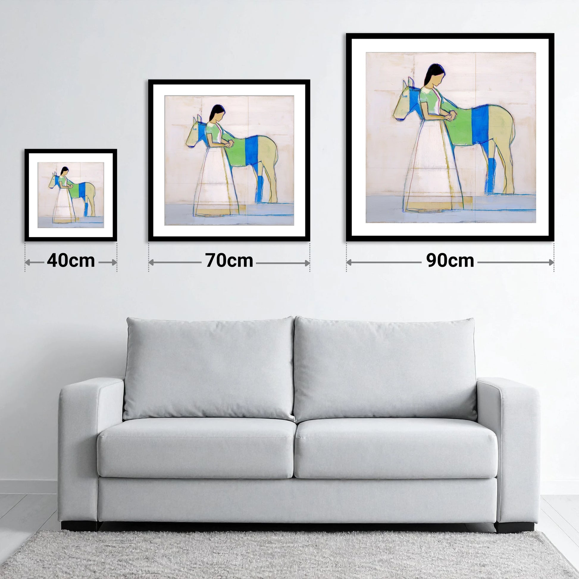 Quiet Blue Bond - size guide showing 40cm, 70cm and 90cm art prints
