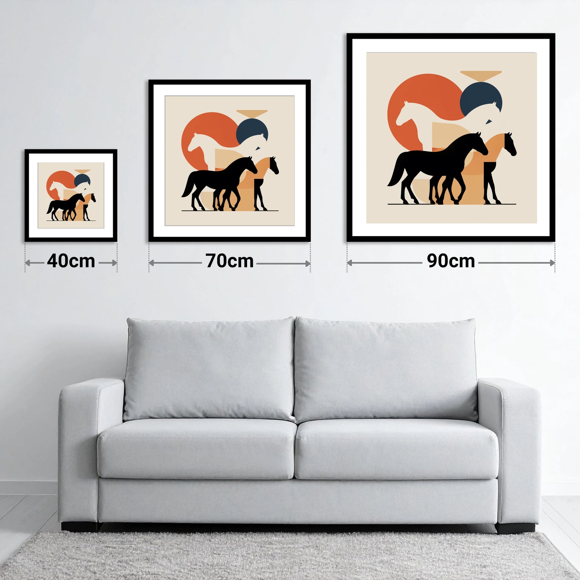 Mid-Century Equine Form - size guide showing 40cm, 70cm and 90cm art prints