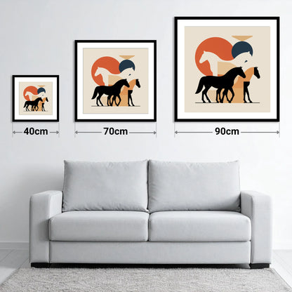 Mid-Century Equine Form - size guide showing 40cm, 70cm and 90cm art prints