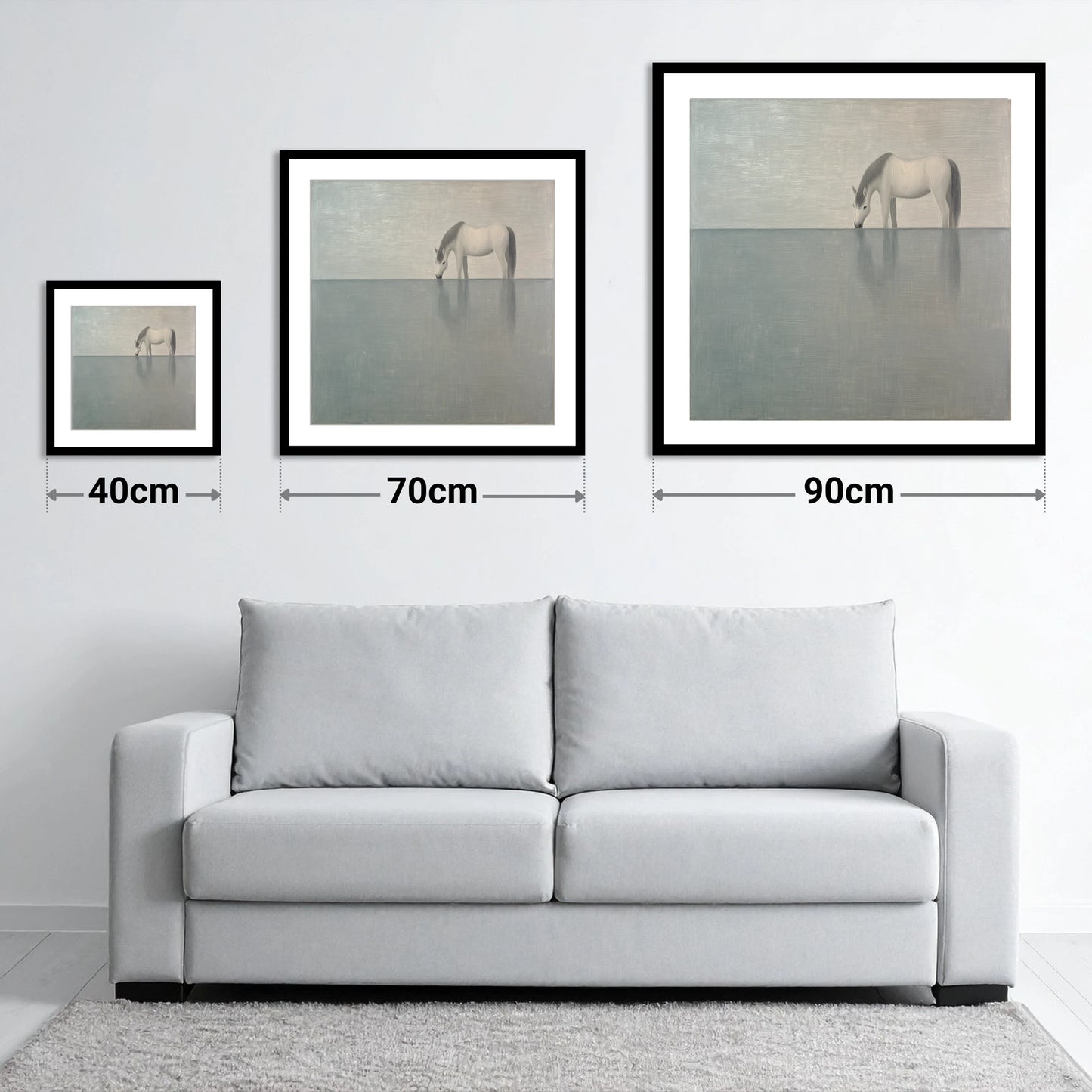 Silver Stillness - size guide showing 40cm, 70cm and 90cm art prints