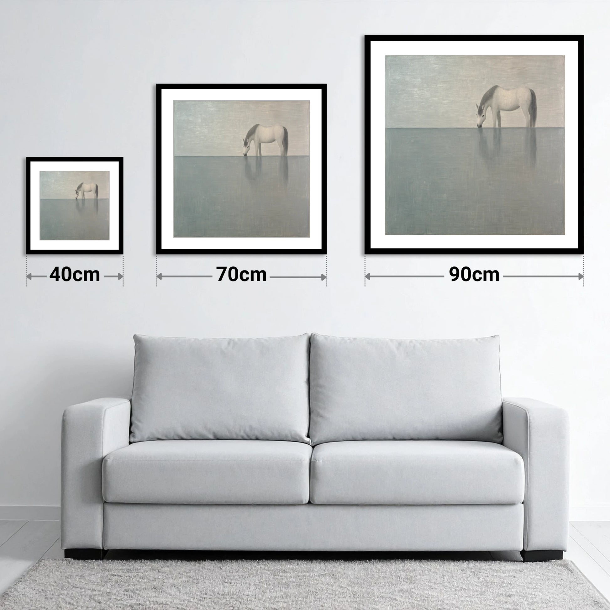 Silver Stillness - size guide showing 40cm, 70cm and 90cm art prints
