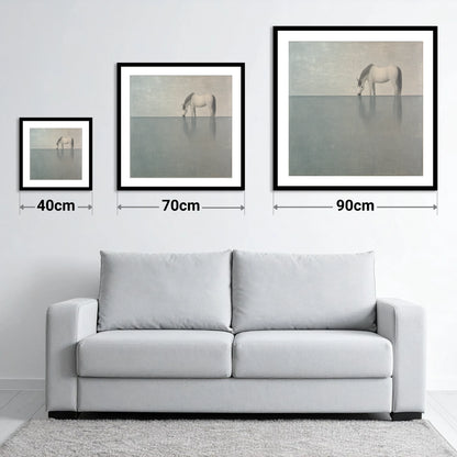 Silver Stillness - size guide showing 40cm, 70cm and 90cm art prints