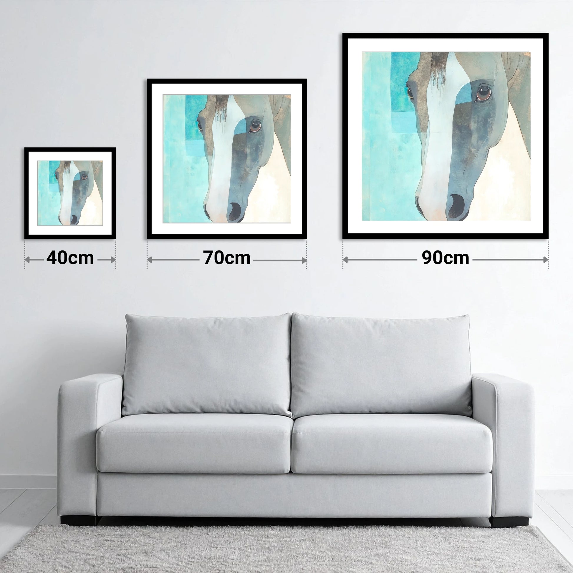 Modern Grey Gaze - size guide showing 40cm, 70cm and 90cm art prints