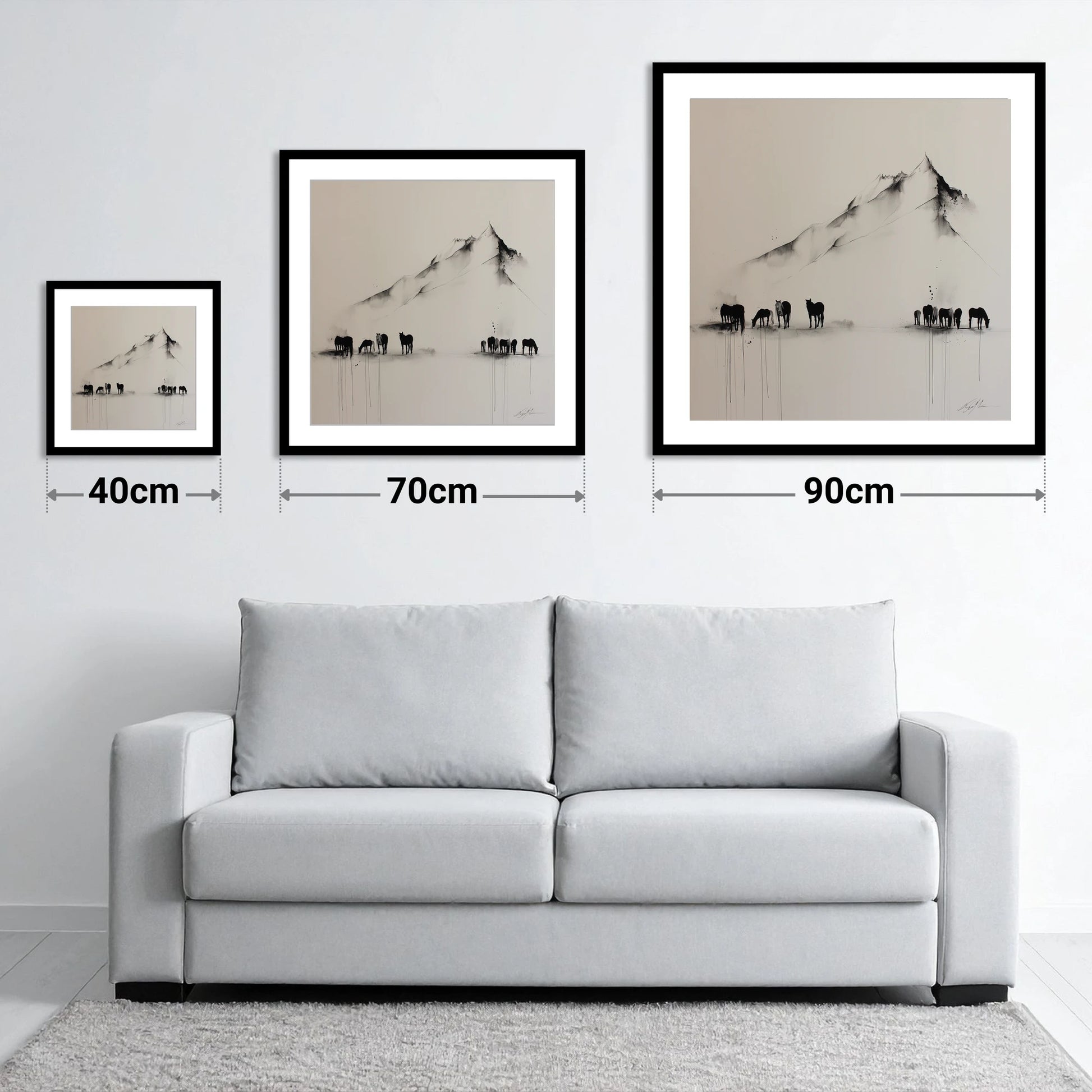 Ethereal Mountain Herd - size guide showing 40cm, 70cm and 90cm art prints