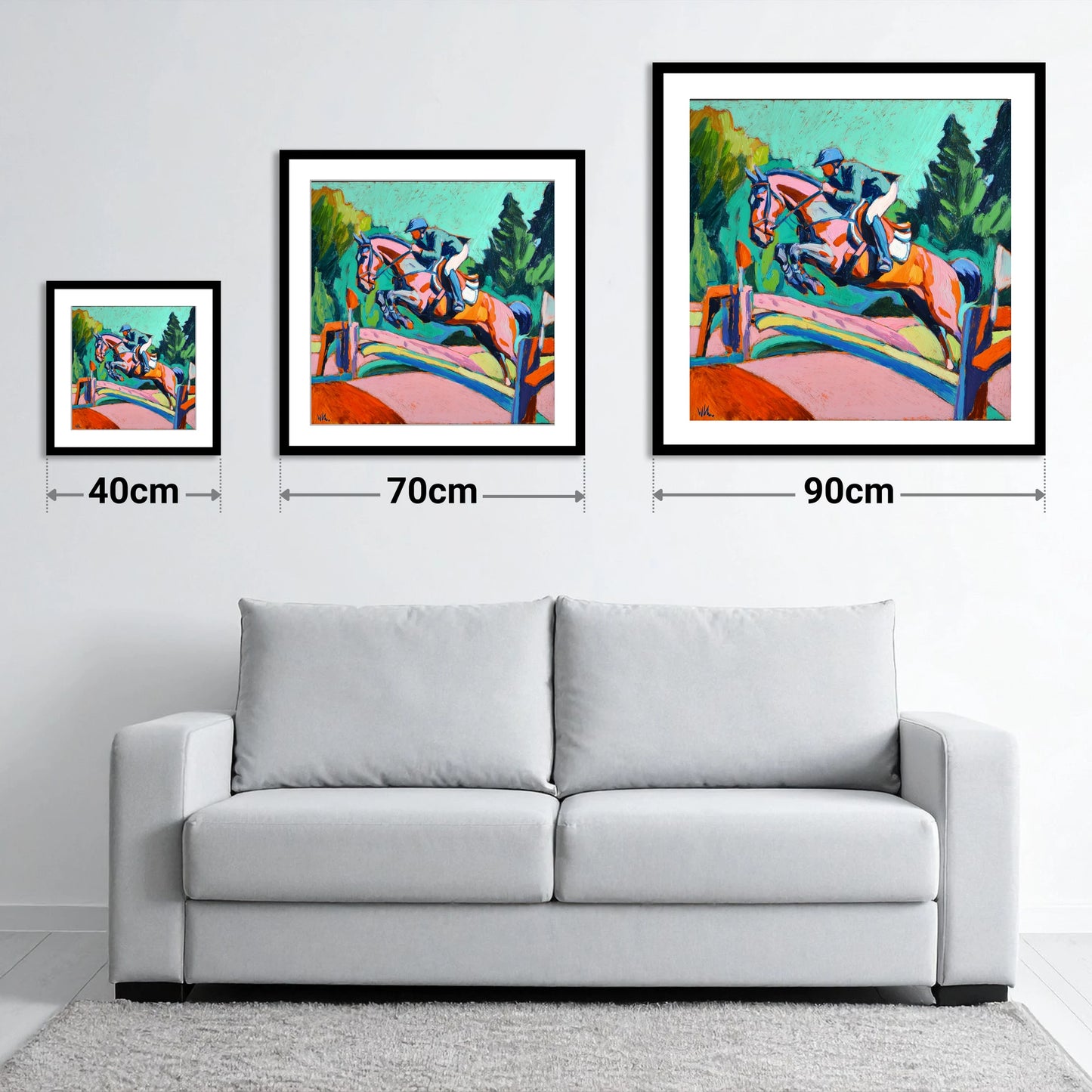 Technicolour Flight - size guide showing 40cm, 70cm and 90cm art prints