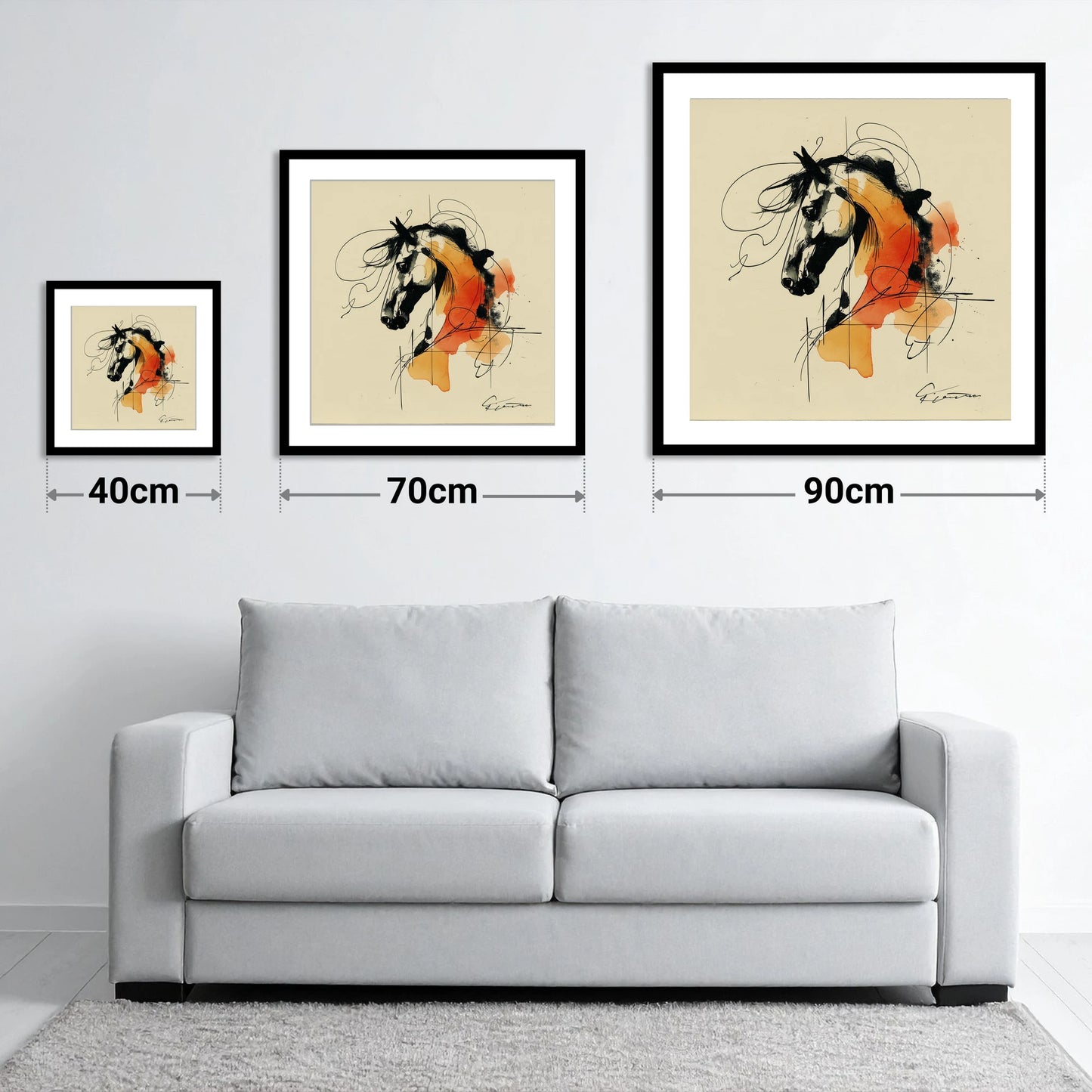 Spirit in Ink and Amber - size guide showing 40cm, 70cm and 90cm art prints