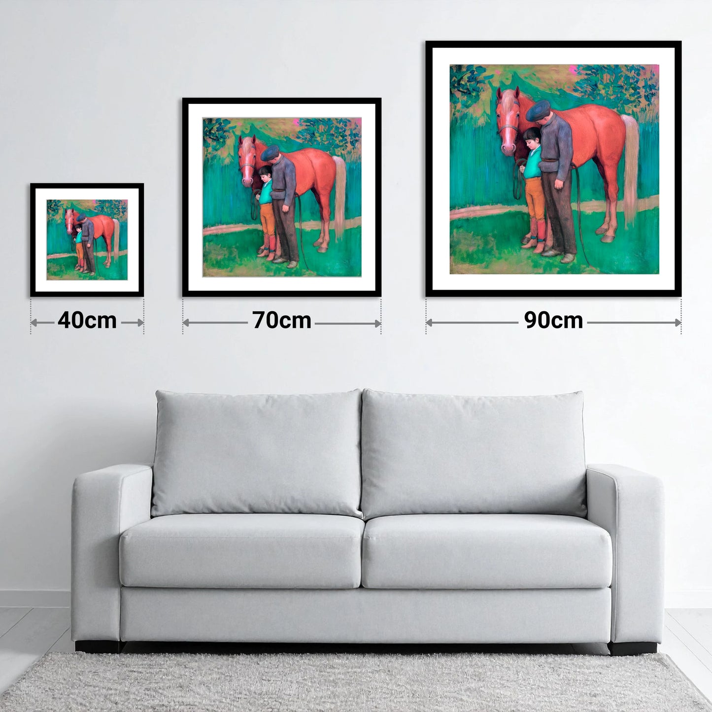 A Quiet Connection - size guide showing 40cm, 70cm and 90cm art prints