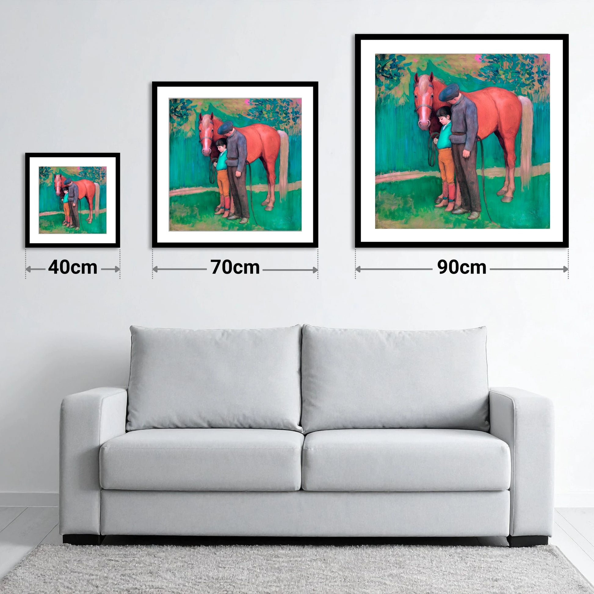 A Quiet Connection - size guide showing 40cm, 70cm and 90cm art prints