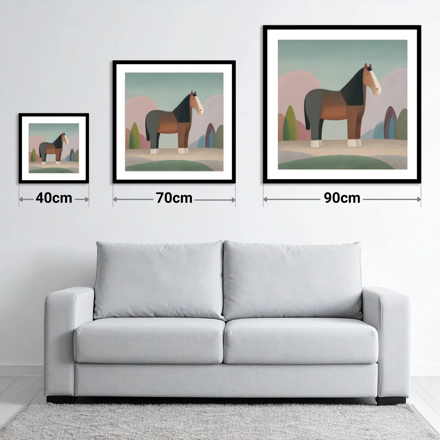 The Patient Cob - size guide showing 40cm, 70cm and 90cm art prints