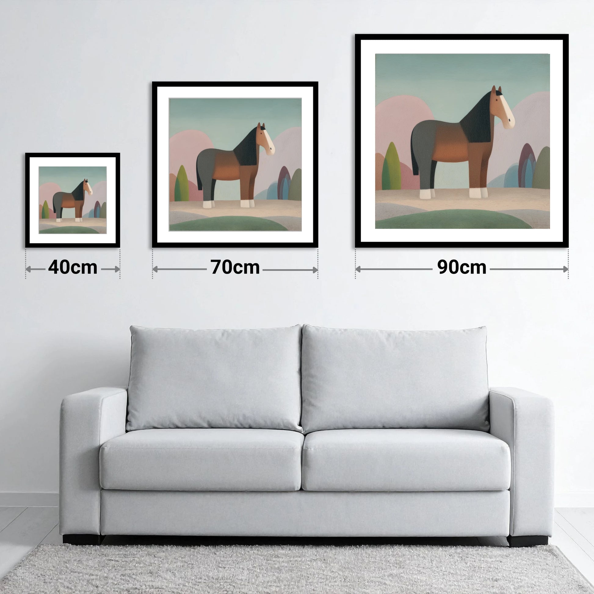 The Patient Cob - size guide showing 40cm, 70cm and 90cm art prints
