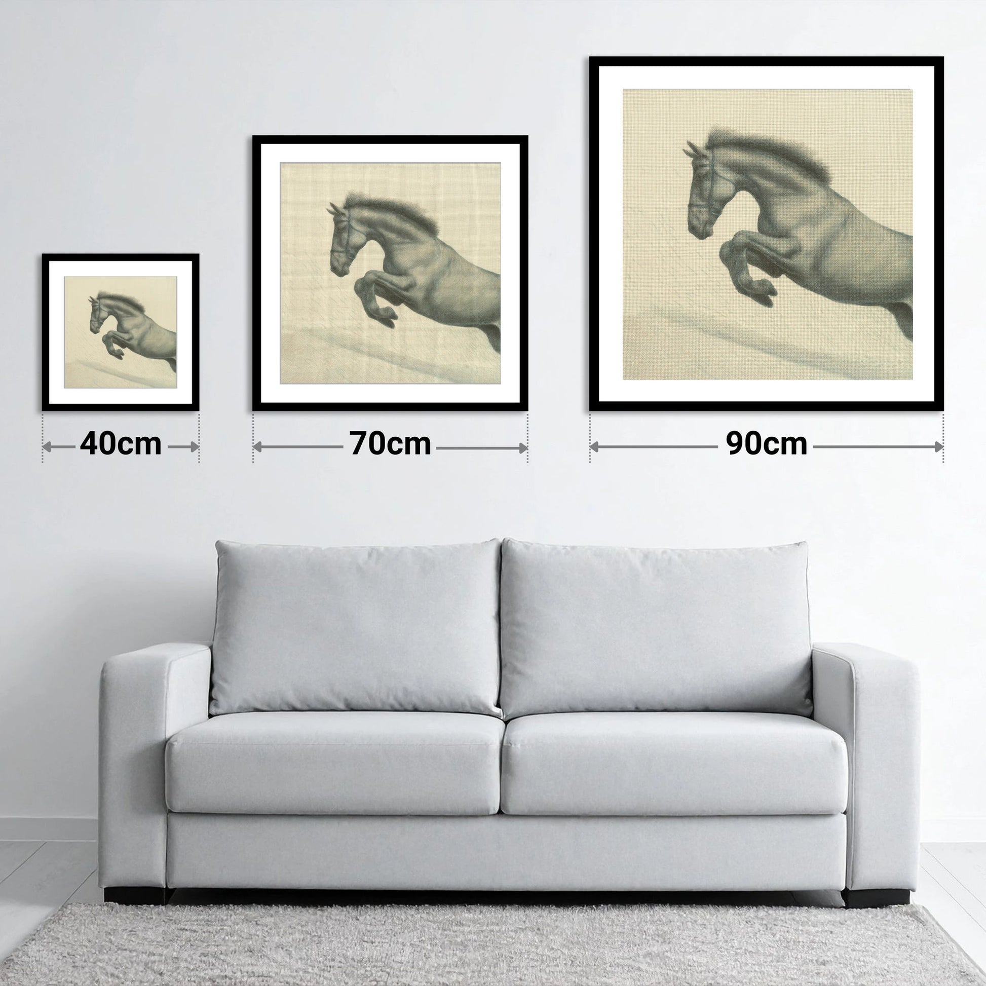 Etched in Flight - size guide showing 40cm, 70cm and 90cm art prints
