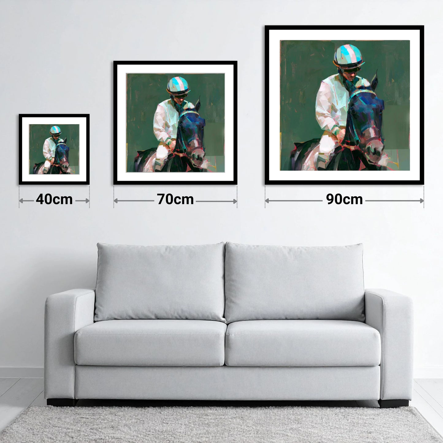 Pre-Race Focus - size guide showing 40cm, 70cm and 90cm art prints