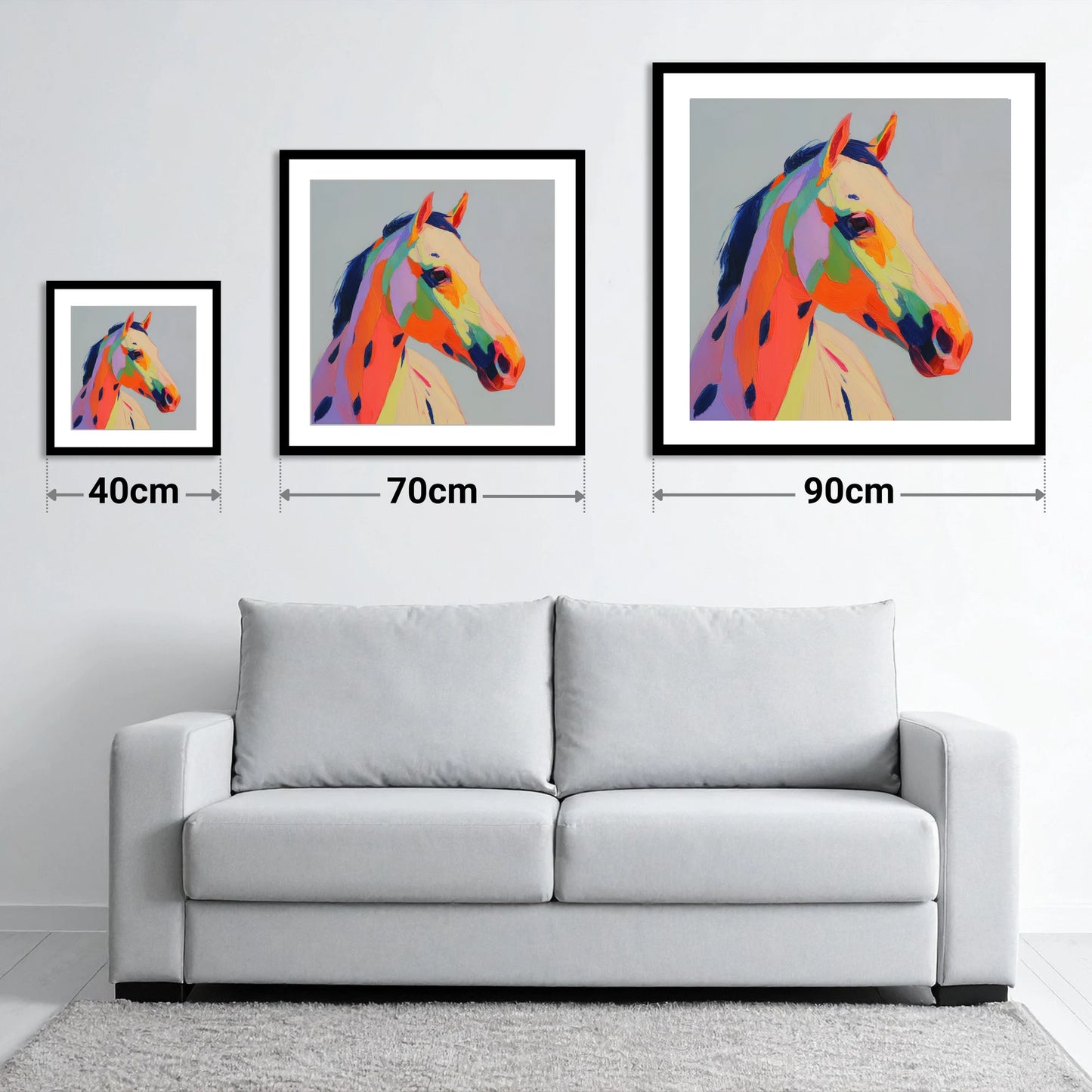 Technicolour Spirit - size guide showing 40cm, 70cm and 90cm art prints