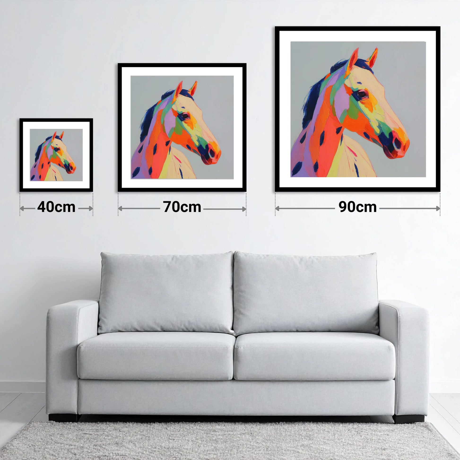 Technicolour Spirit - size guide showing 40cm, 70cm and 90cm art prints