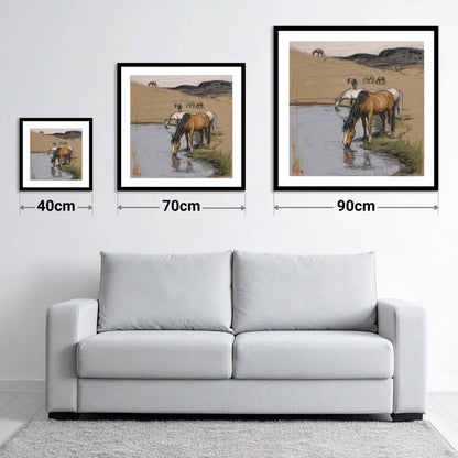 Quiet at the Waterhole - size guide showing 40cm, 70cm and 90cm art prints