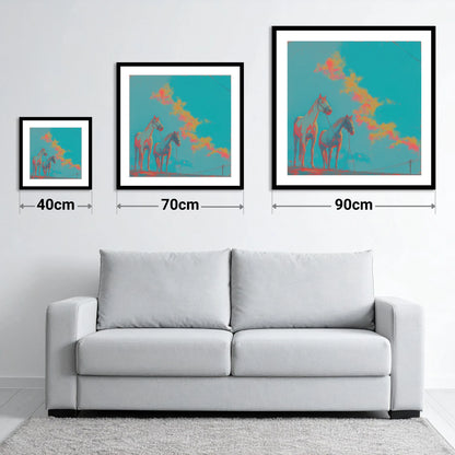 Electric Cyan Skies - size guide showing 40cm, 70cm and 90cm art prints