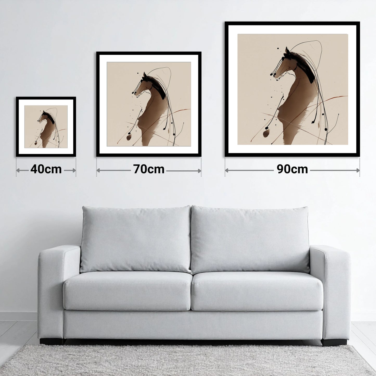 Sweeping Ink Portrait - size guide showing 40cm, 70cm and 90cm art prints