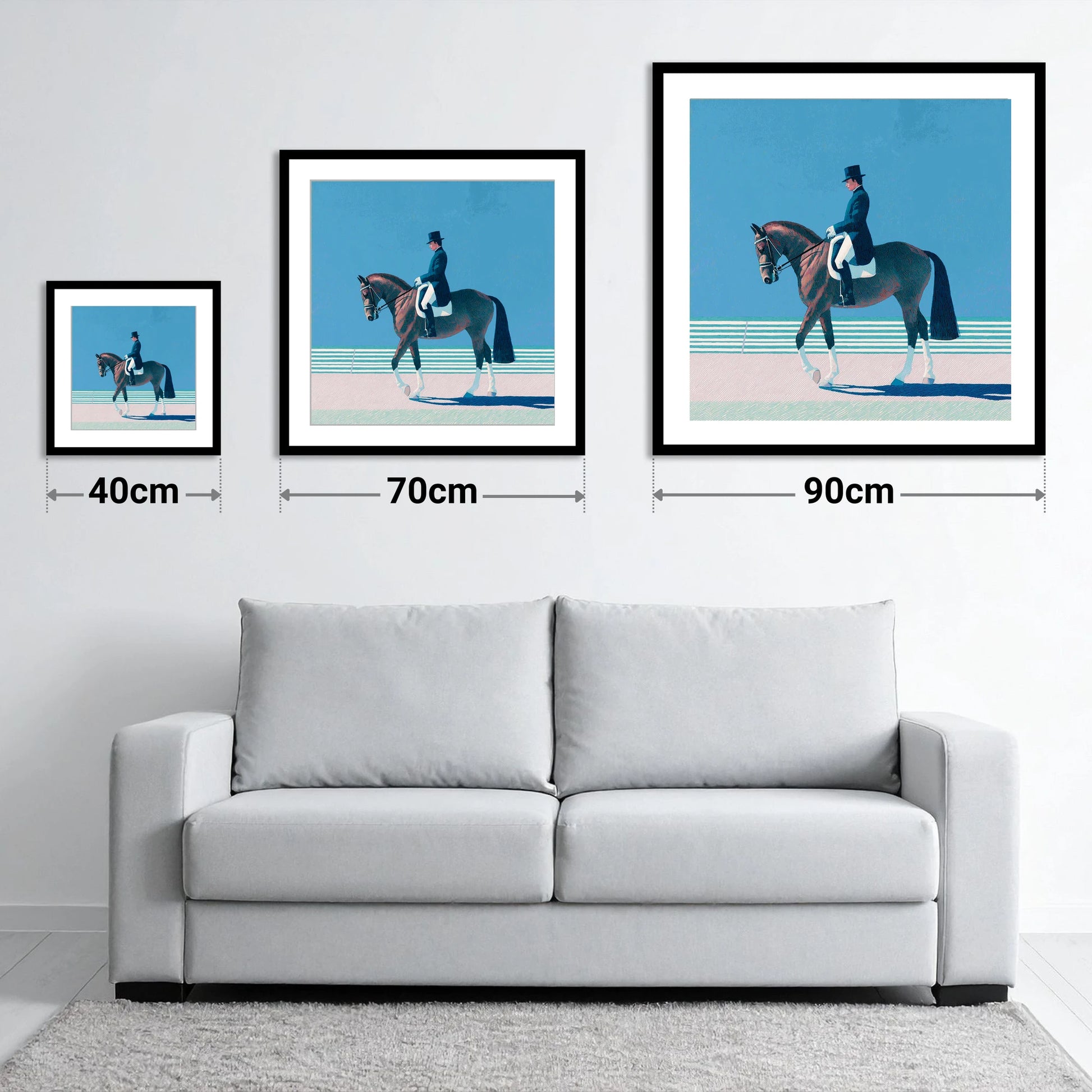 Classical Dressage Elegance - size guide showing 40cm, 70cm and 90cm art prints