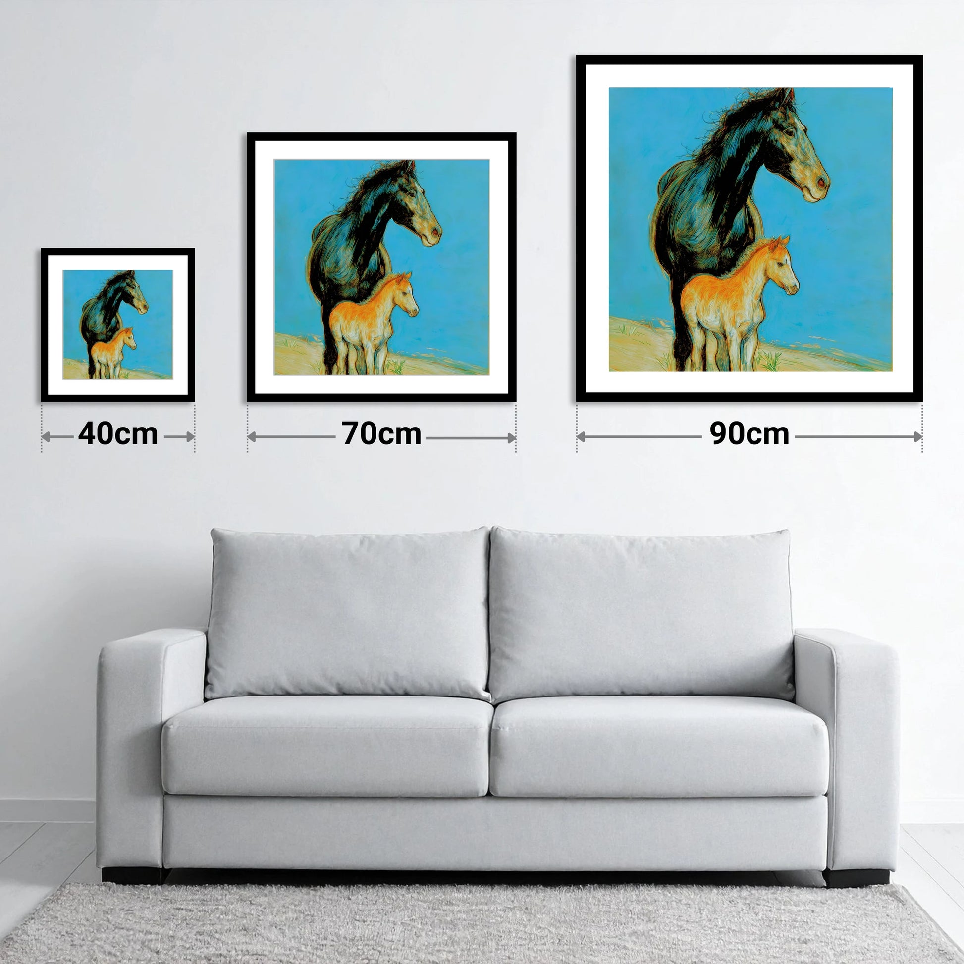 Cerulean Bond - size guide showing 40cm, 70cm and 90cm art prints