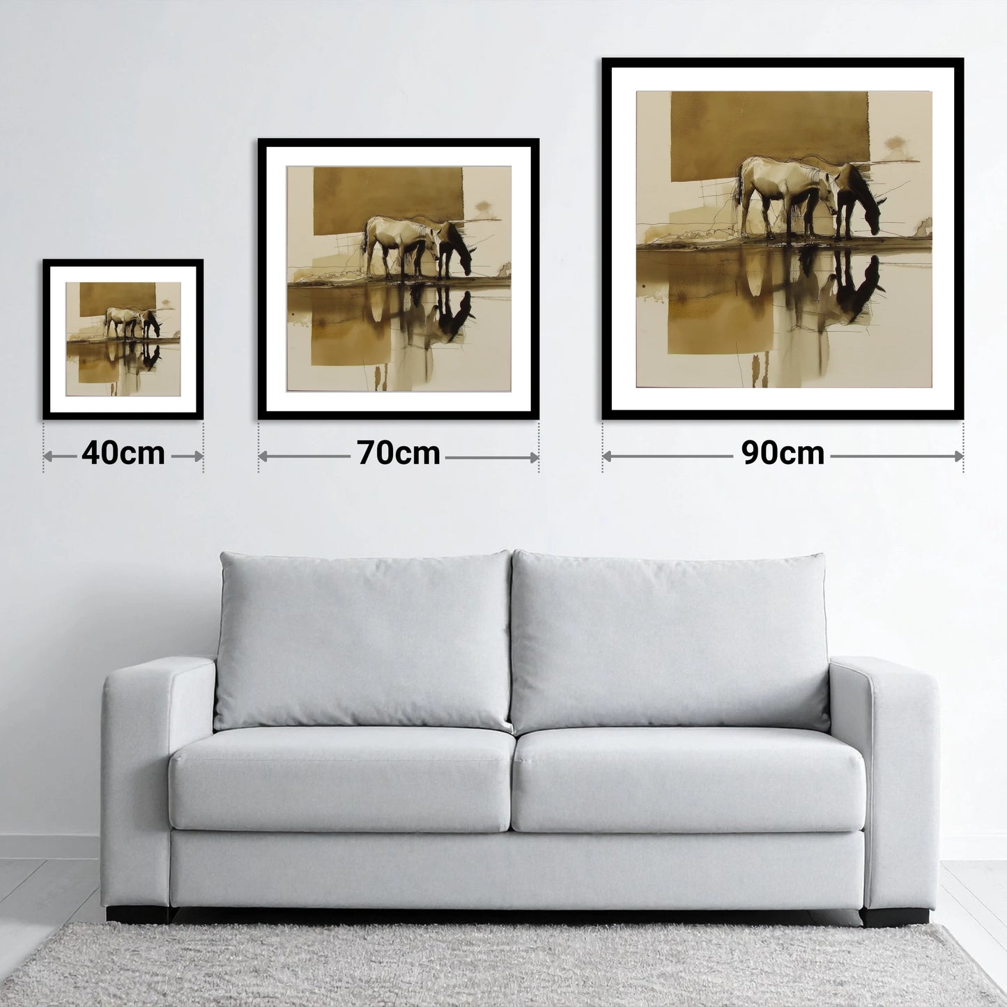 Sepia Reflections - size guide showing 40cm, 70cm and 90cm art prints