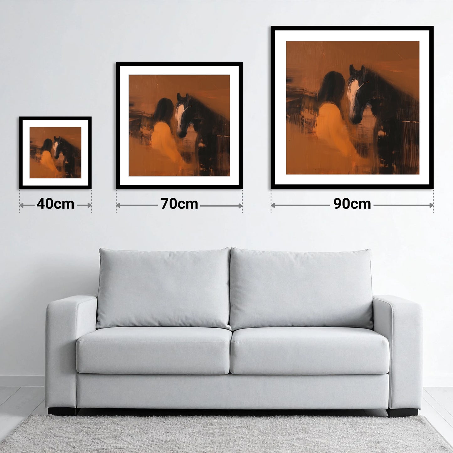 Unspoken Bond - size guide showing 40cm, 70cm and 90cm art prints