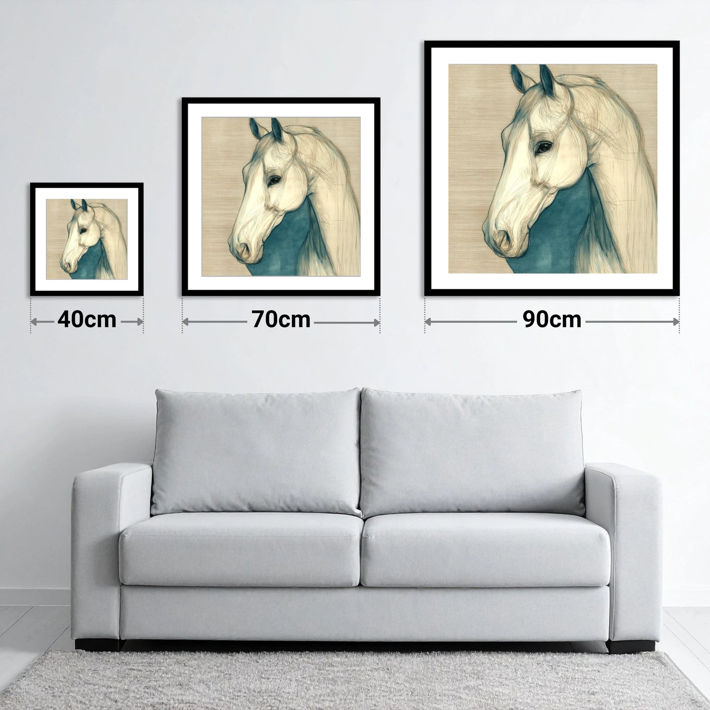 Serene Profile Sketch - size guide showing 40cm, 70cm and 90cm art prints