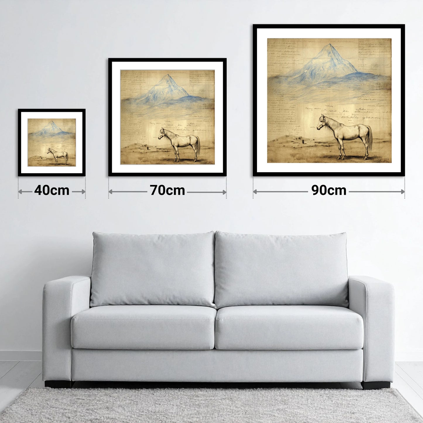 Alpine Journal Study - size guide showing 40cm, 70cm and 90cm art prints