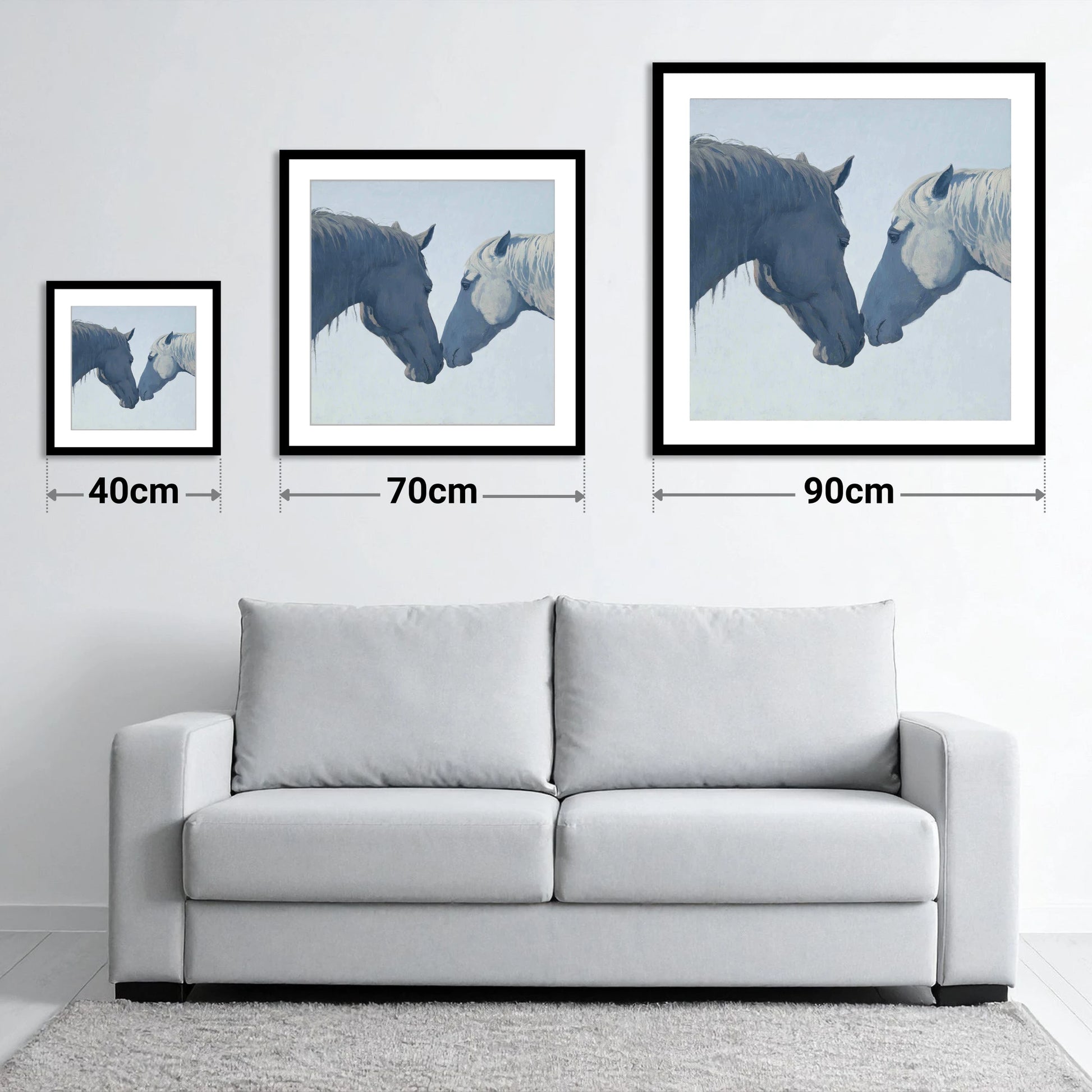 Gentle Connection - size guide showing 40cm, 70cm and 90cm art prints