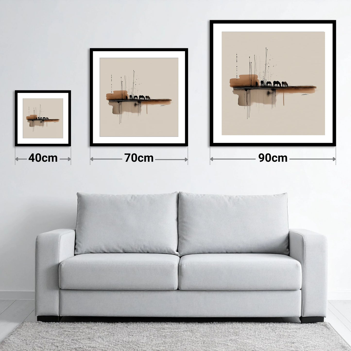 Sepia Horizon Herd - size guide showing 40cm, 70cm and 90cm art prints