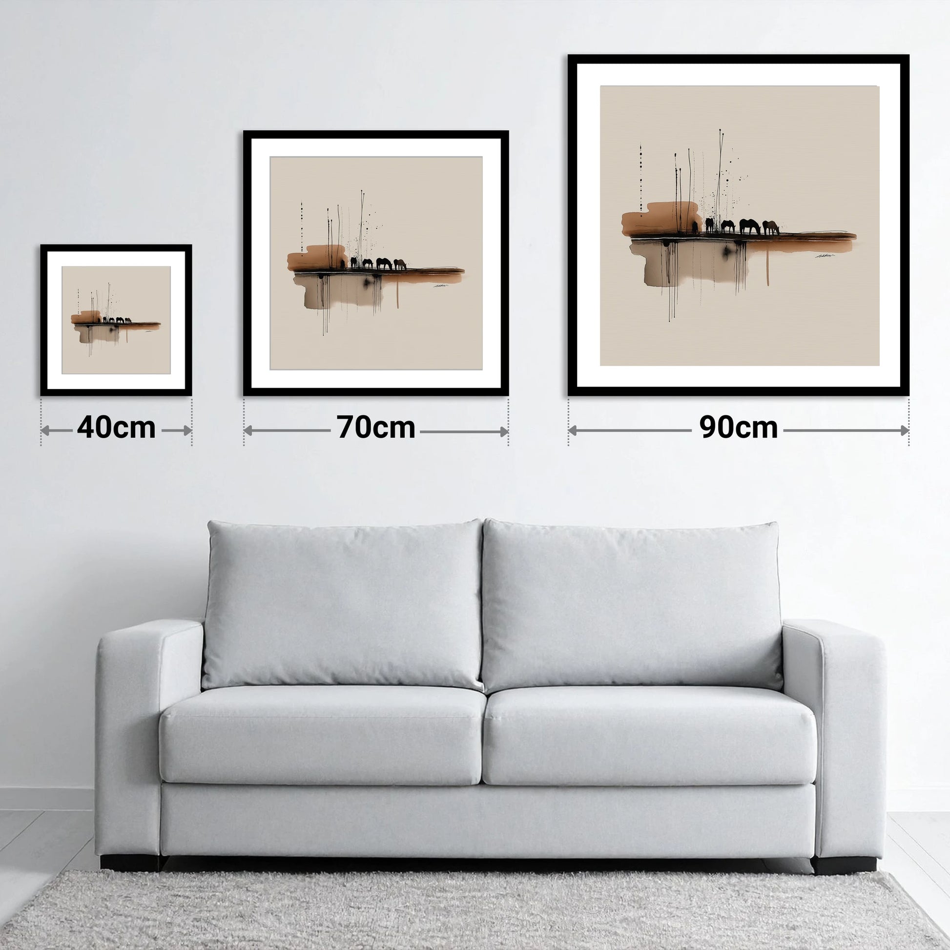 Sepia Horizon Herd - size guide showing 40cm, 70cm and 90cm art prints