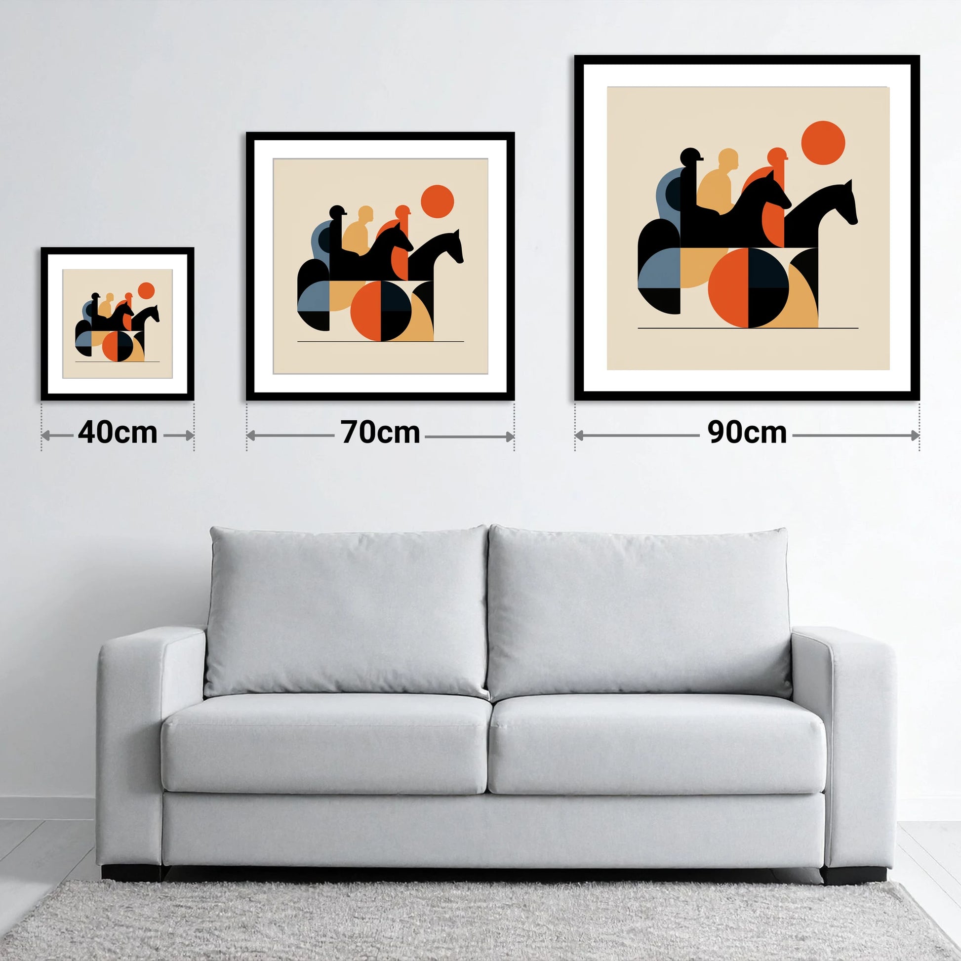 Retro Turf Pursuit - size guide showing 40cm, 70cm and 90cm art prints